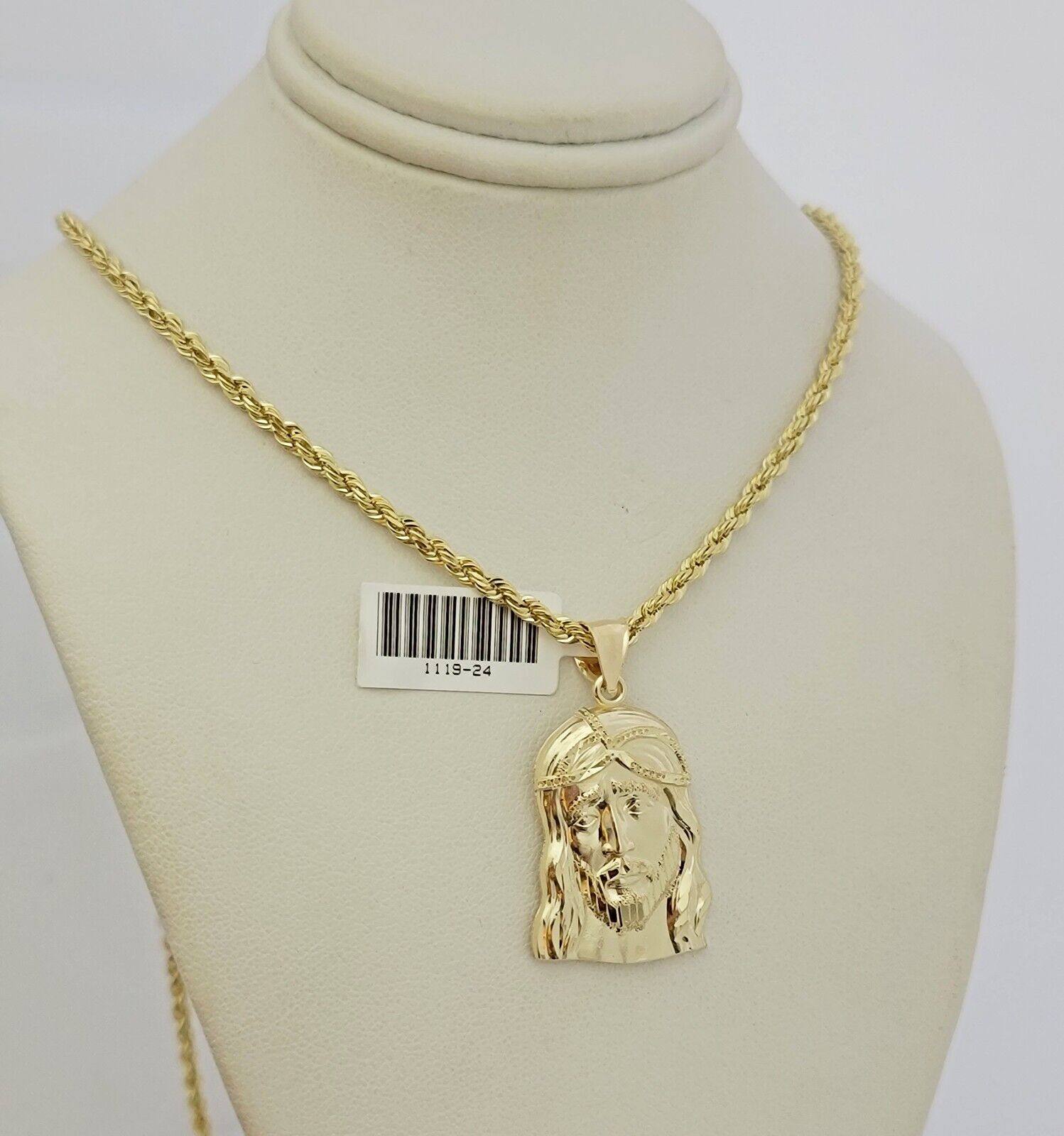 Real 10k Gold Rope Chain Jesus Head Charm Pendant Set 3mm Necklace 24 Inch SOLID